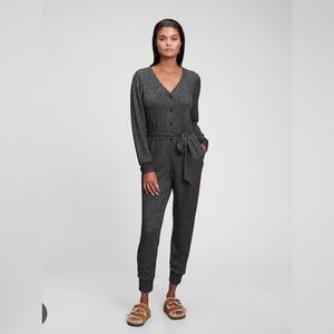 Gap Jumpsuit Size Large Waist‎ Tie V-Neck Button Long Sleeve Stretchy Gray B3